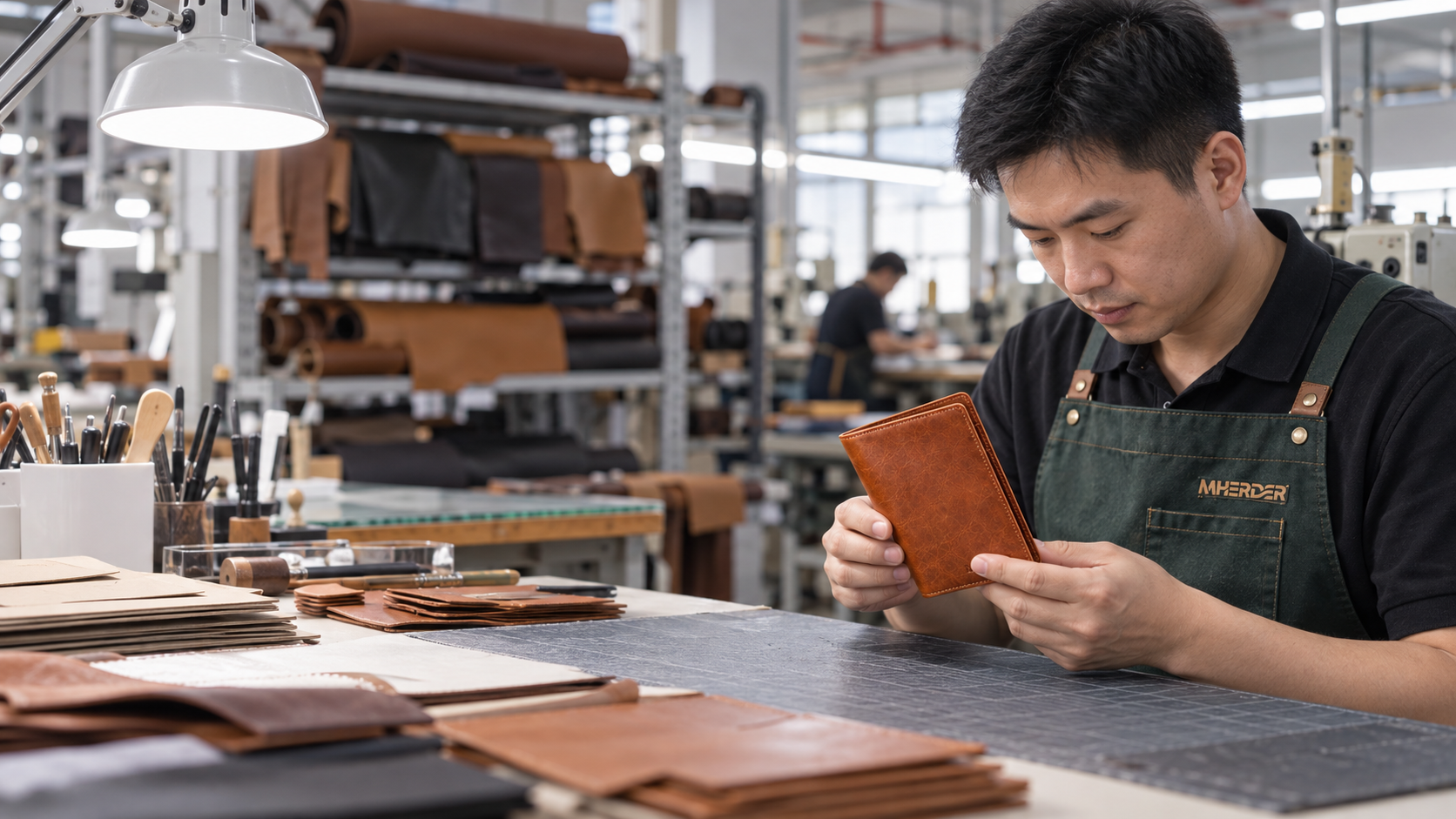 Chinese MHERDER craftsperson inspecting a leather passport holder in the factory